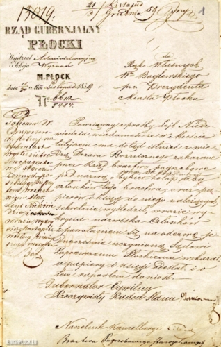Letter to the Mayor of the Town of Płock Boglewski of November 30, 1859 on the functioning of the burial fraternity "Bykier Holop" in the town (source: State Archives in Płock, Akta miasta Płocka, sign. 676)